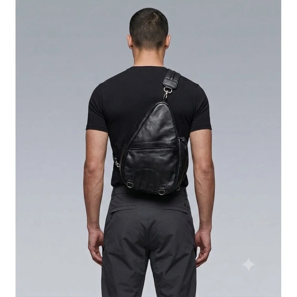 Norm Thompson Black Leather Sling Backpack Teardrop Travel Bag Mens Womens